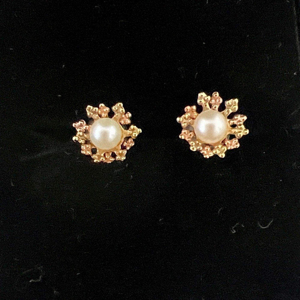 Two~Tone Gold Earrings with Pearl